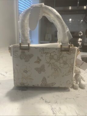 Aldo White Floral & Butterfly Embellished Top-Handle Satchel with Gold Hardware